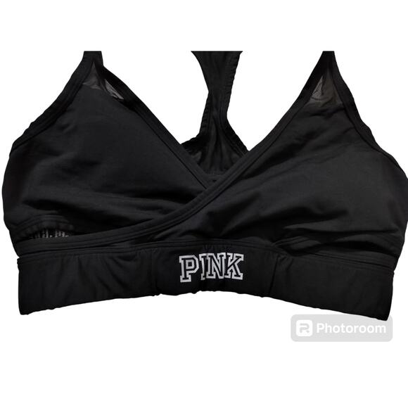 Pink victoria secrets ultimate lightly lined black sports bra wrap meshh size L - Picture 2 of 7